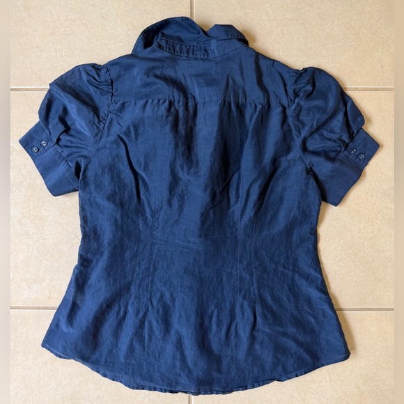 Banana Republic Women's L Navy Button Down Ruffles Silk Blend Shirt - Picture 7 of 9